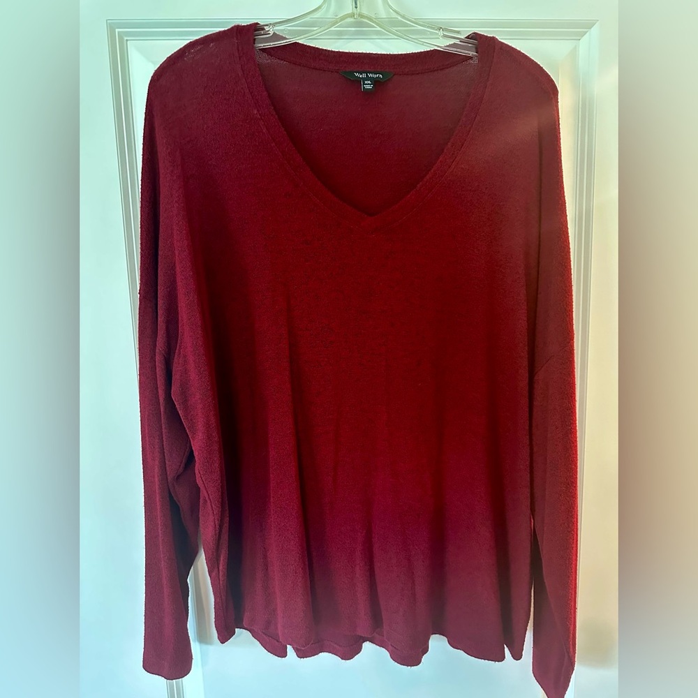 Womens Deep Red Long Sleeve V-Neck Tee Soft Basic Casual Essential